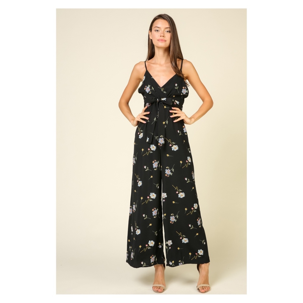 Black Floral Front Tie Wide Leg Casual Jumpsuit